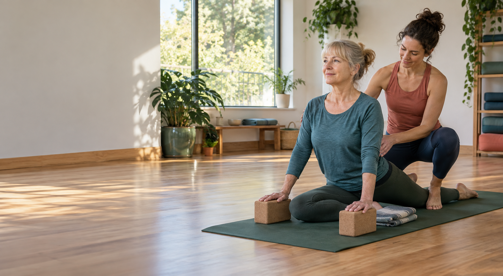 A mature woman practicing supported yoga with an instructor in a sunlit studio